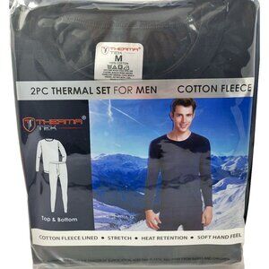 Men Thermal Long Johns Warm Underwear Set, 100% Cotton Fleece, Black